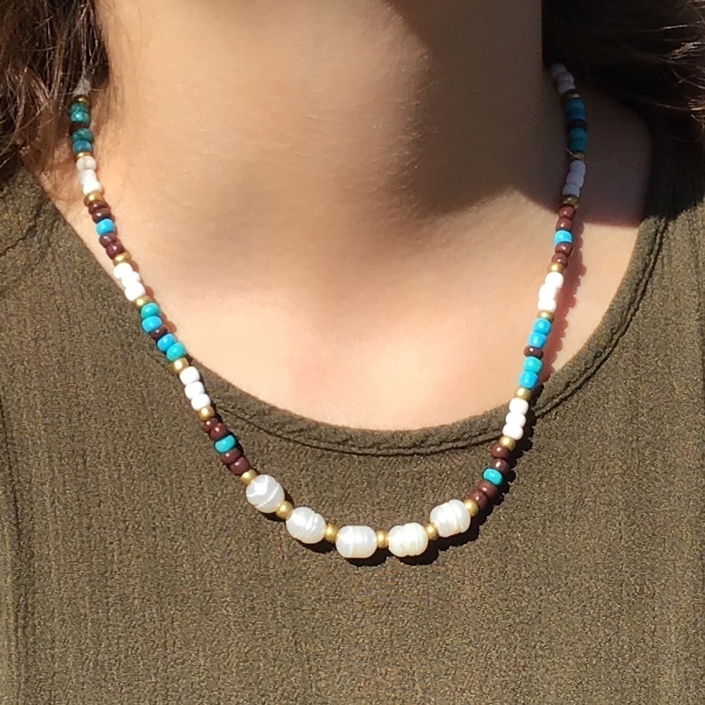 Beaded Necklace Beach Fresh Water Pearl Coastal Minimalist Blue White Brown
